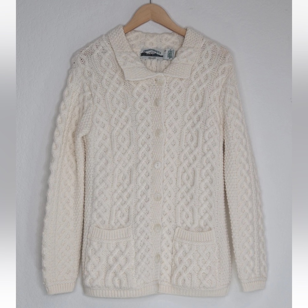 Aran Crafts Irish Merino Wool Fisherman Cardigan Button Up Sweater Pockets Small